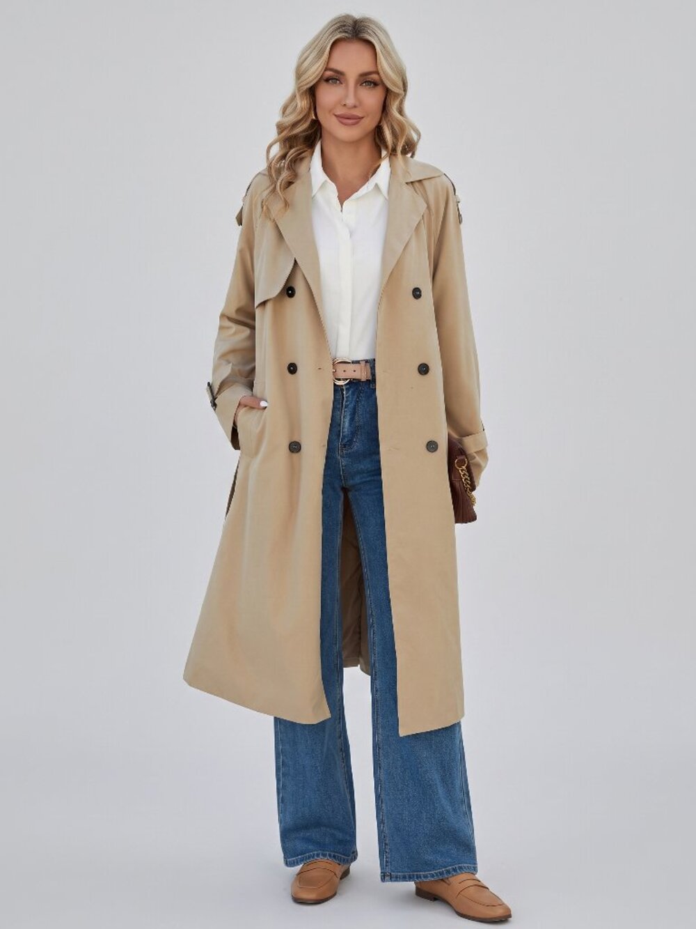 Women's Beige Thermal Lined Double Breasted Long Trench Coat Jacket Classic Chic